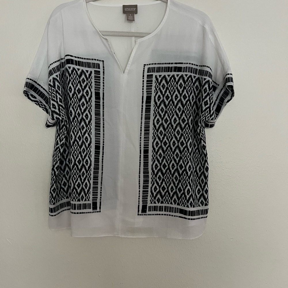 Chico's White Blouse with Black Geometric Print